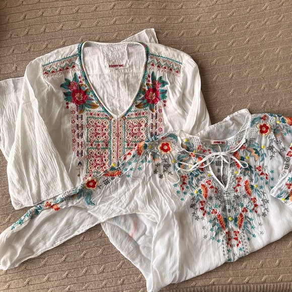 Johnny Was Tops - EUC Johnny Was 2pc Embroidered Tunic Bundle, Quarter + Long Sleeve, Large